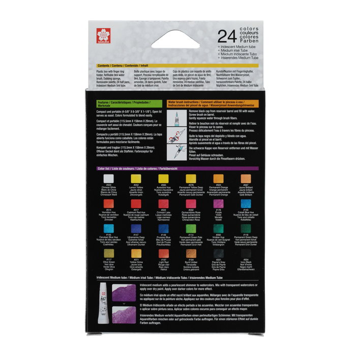 Sakura Koi Water Colors Pocket Field Sketch Box - 24 pastilles moyennes + médium iridescent